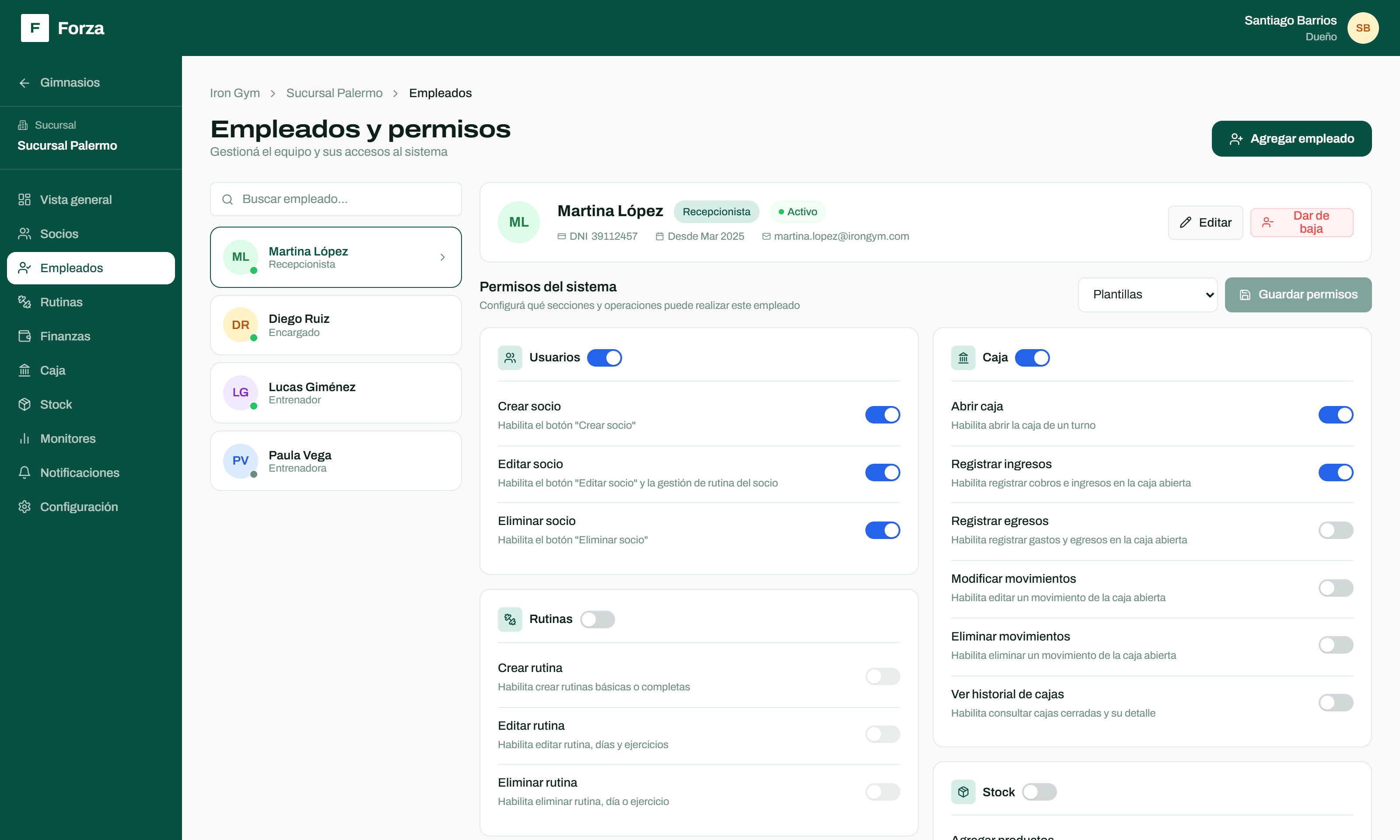 Permisos de un empleado en Forza