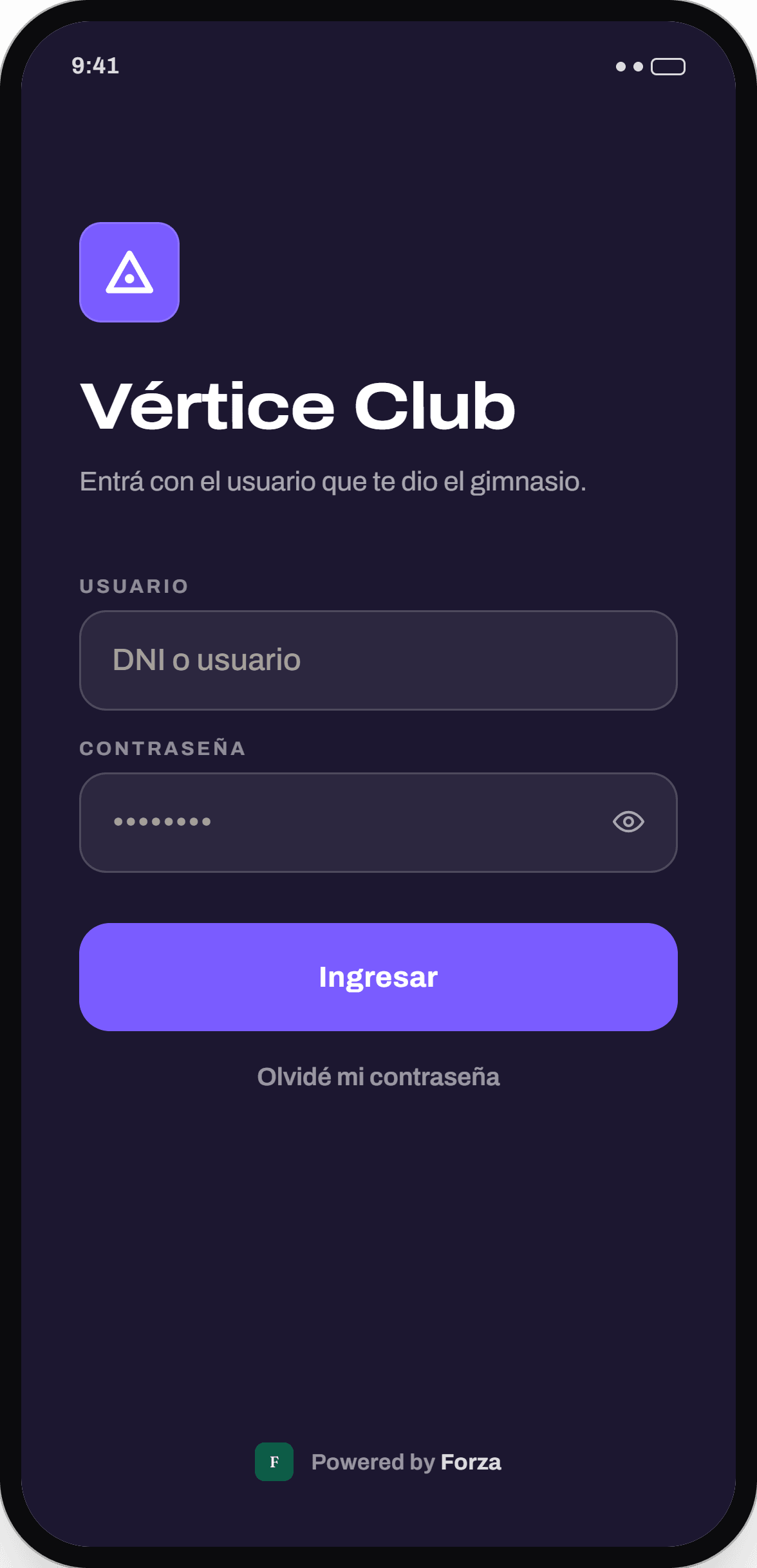 Login de la App Socio de Vértice Club