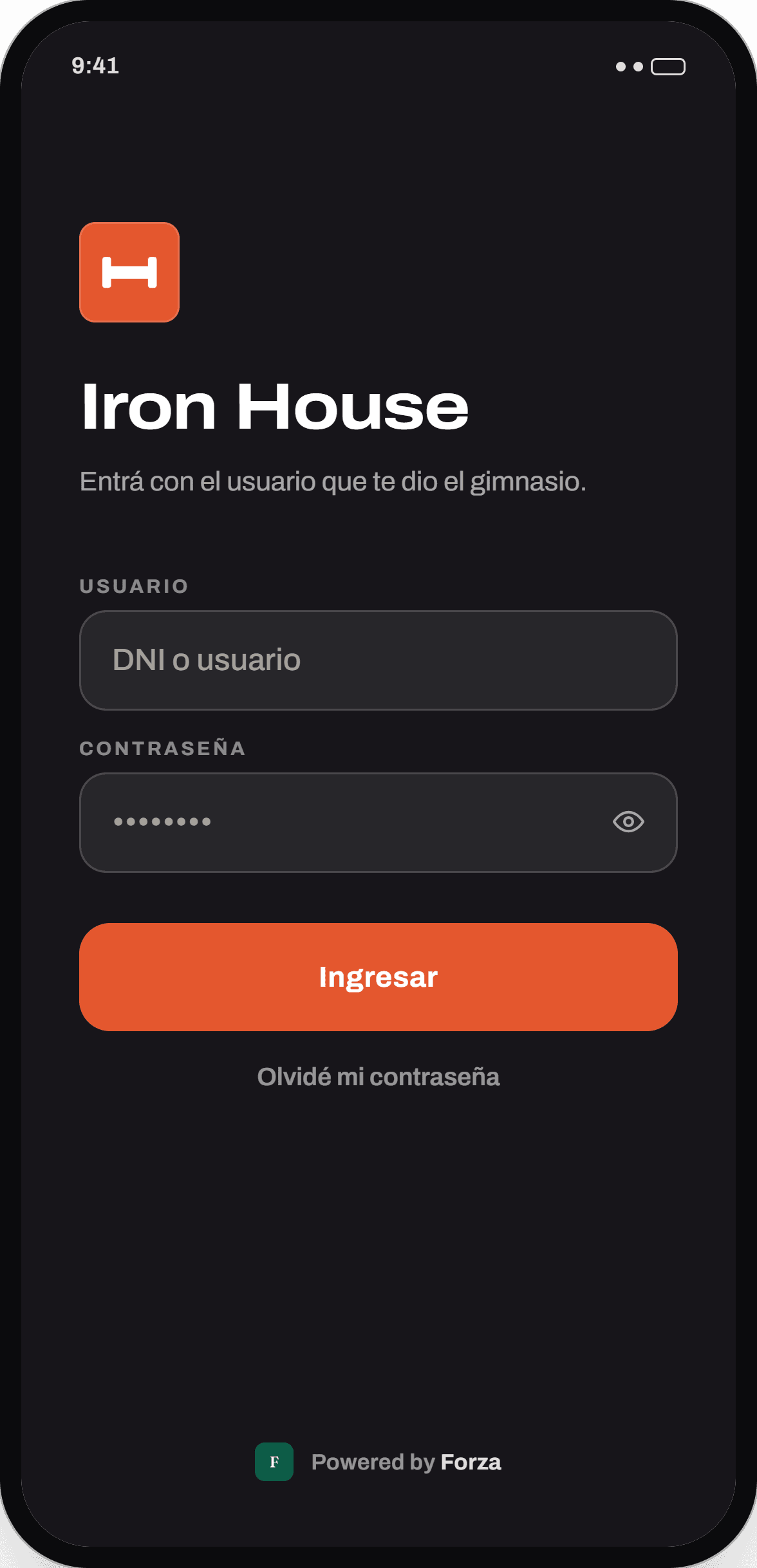 Login de la App Socio de Iron House